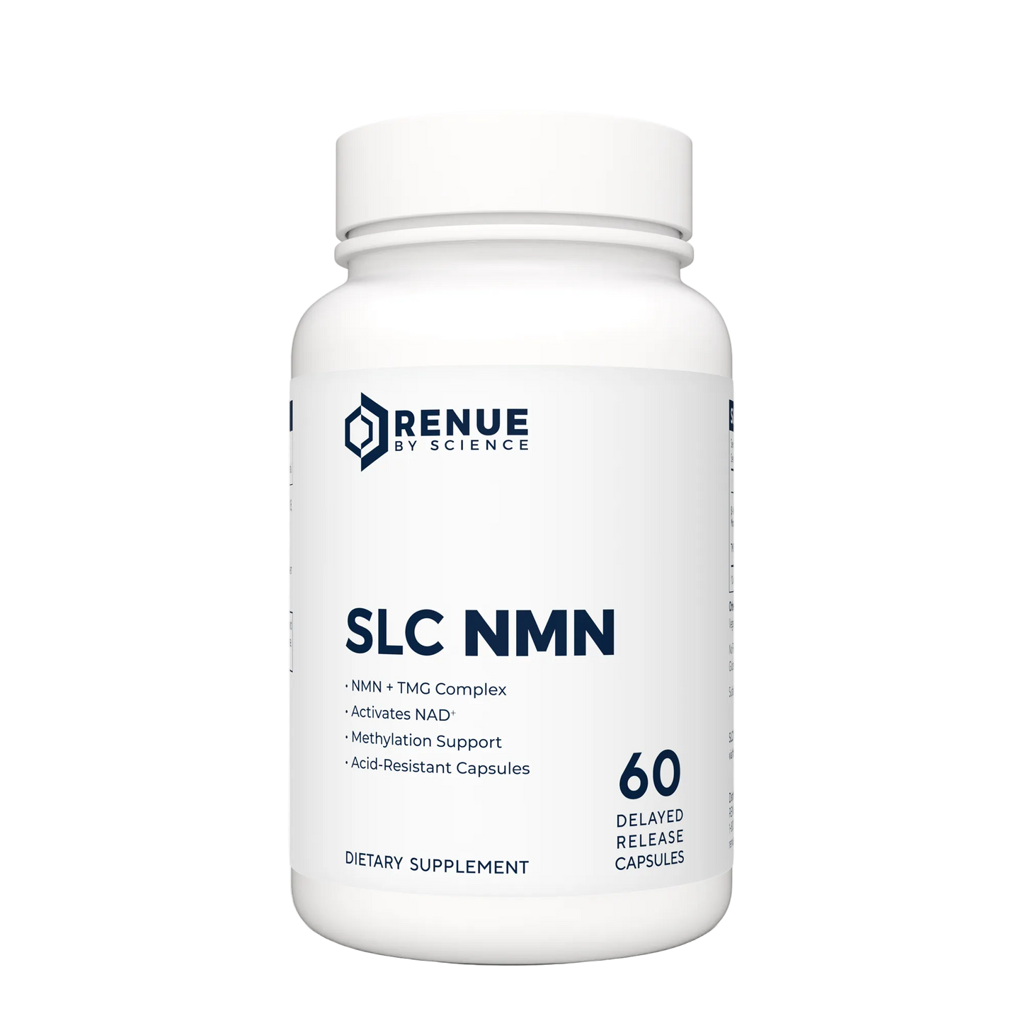Supplement bottle labeled 'SLC NMN' by Renue on a white background