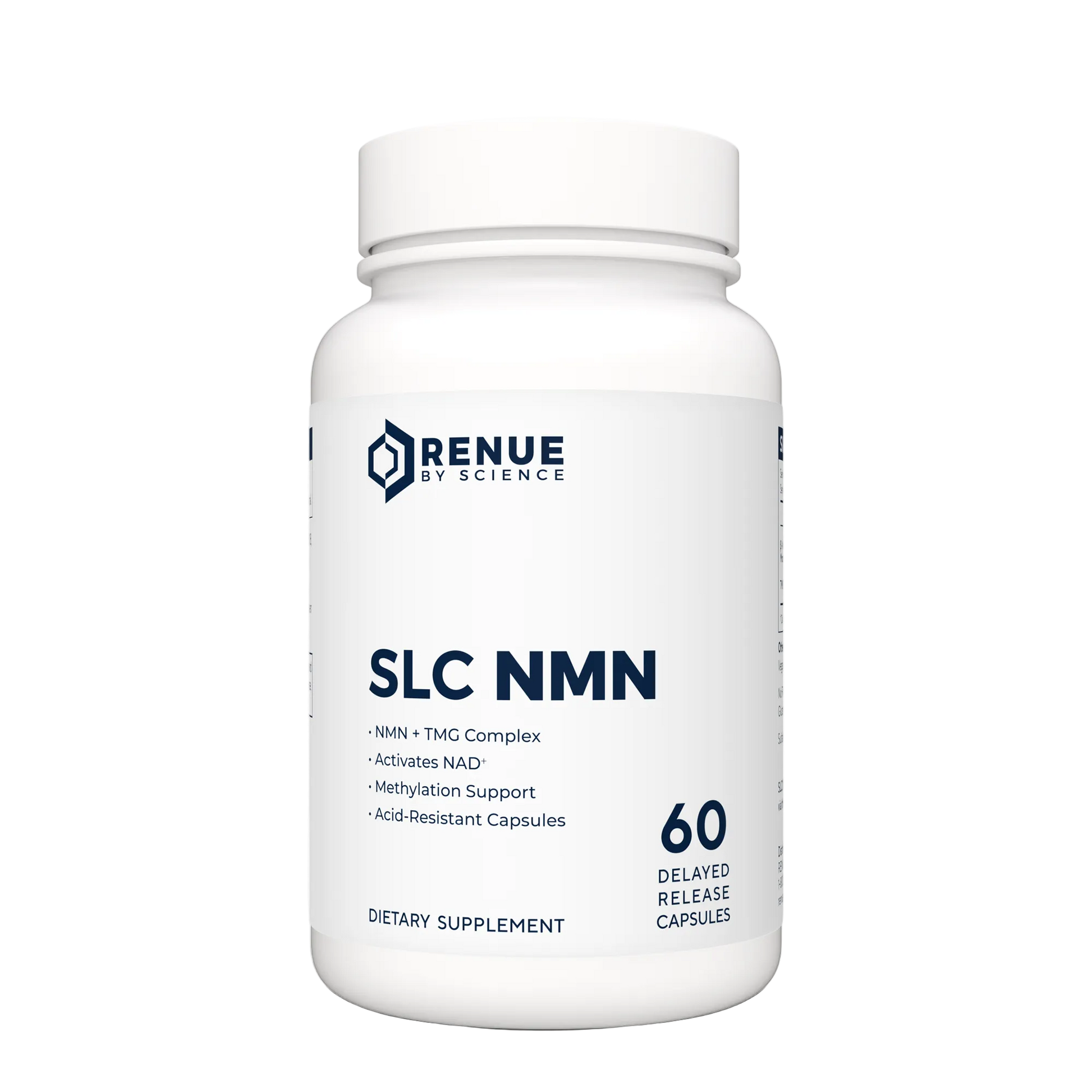 Supplement bottle labeled 'SLC NMN' by Renue on a white background