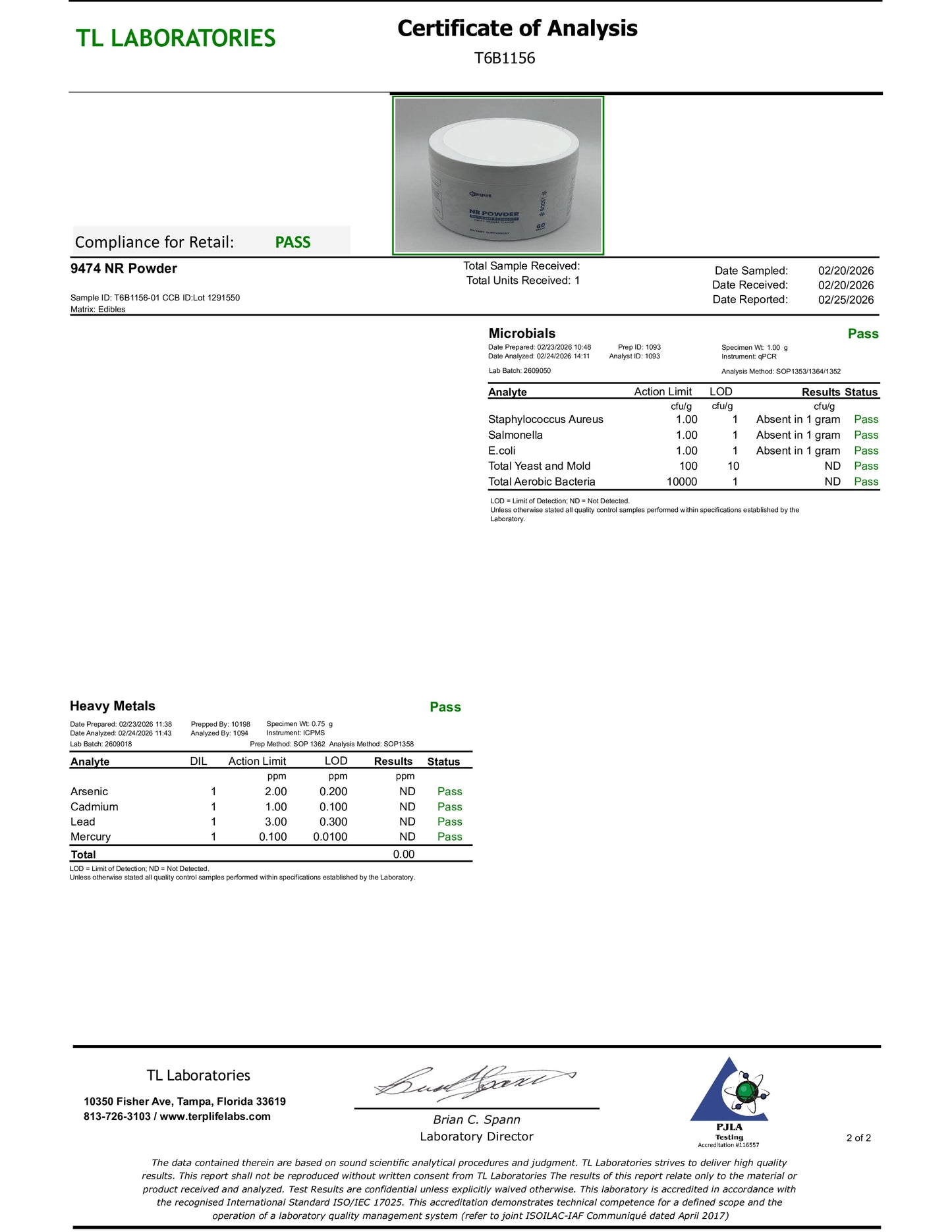 Certificate of Analysis from TL Laboratories with a product image on a white background