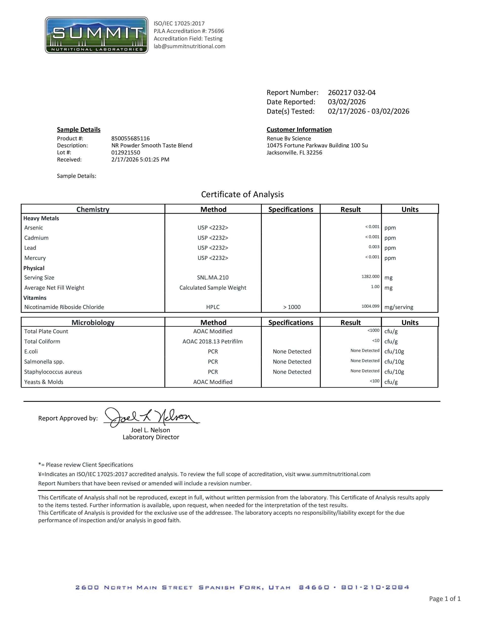 Summit certificate of analysis for a sample of NBR Powder Smooth Talc Free Blend