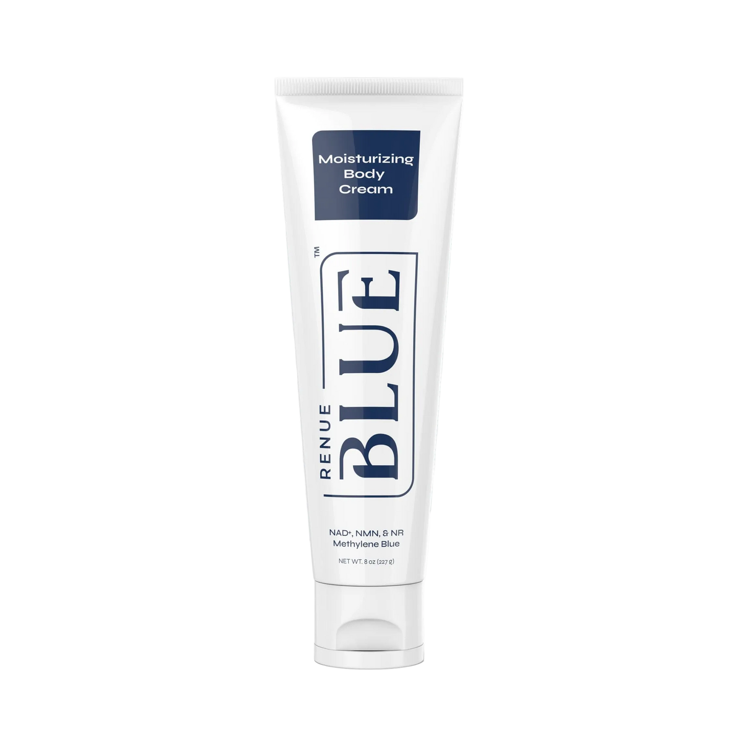 Tube of Renue Blue moisturizing body cream with a blue smear on a white background