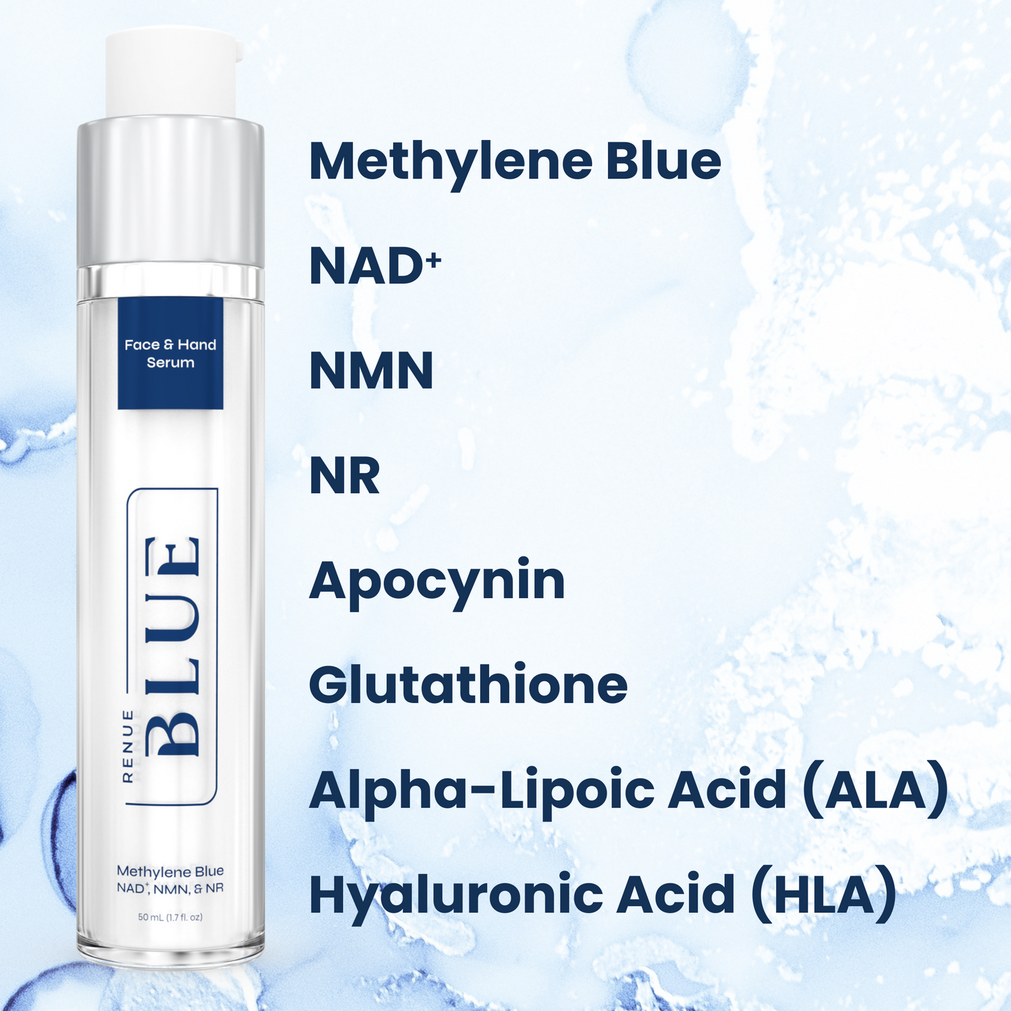 Renue Blue™ Face & Hand Serum with Methylene Blue, Glutathione, NAD⁺, NMN, NR (Liposomal) ***SHIPS SEPTEMBER 30***