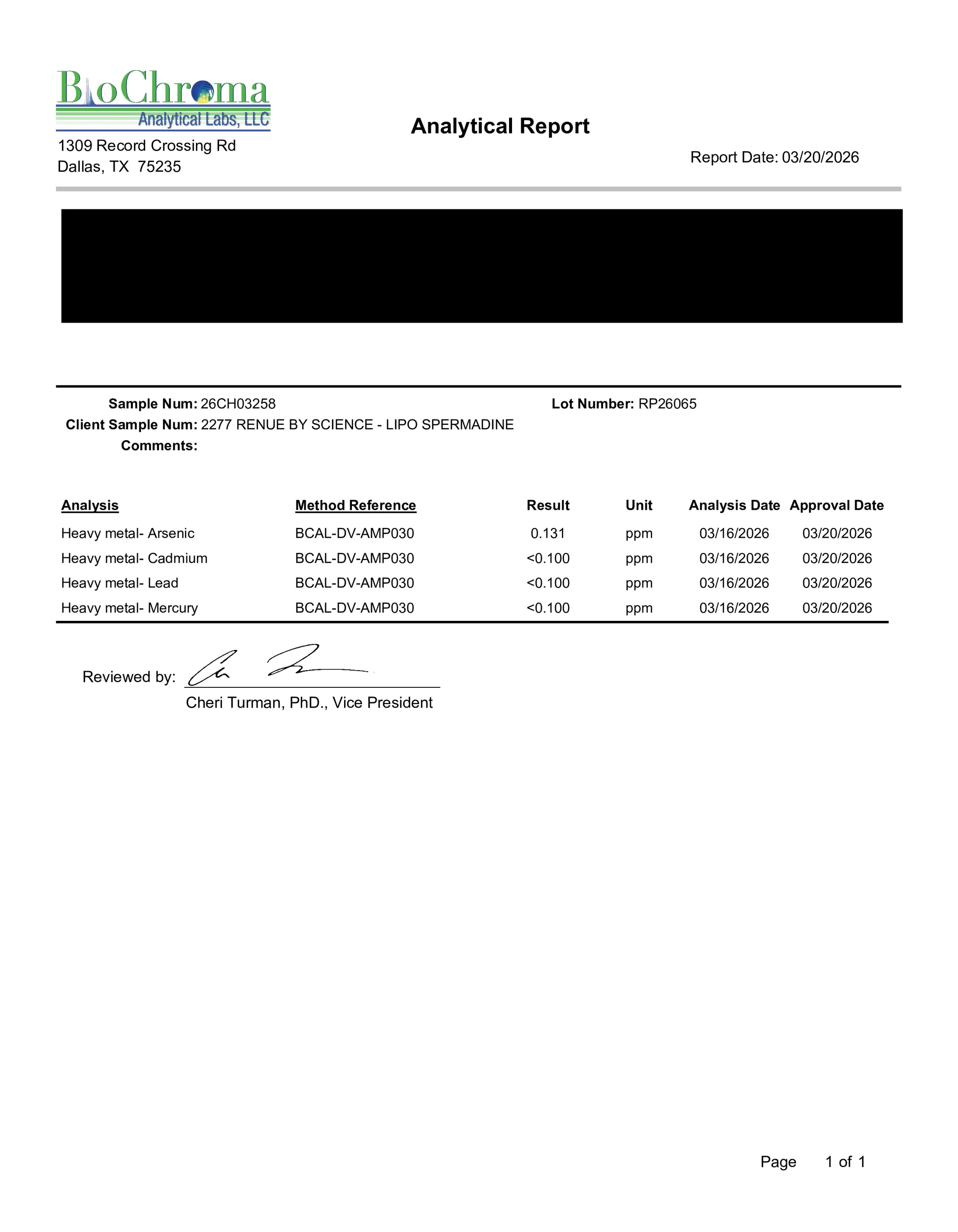 Analytical report from BioChrome Analytical Labs with test results and signatures.