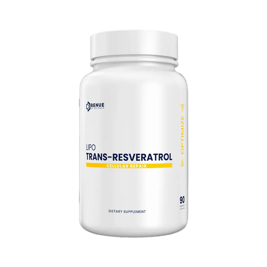 Supplement bottle labeled 'Lipo Trans-Resveratrol' on a white background