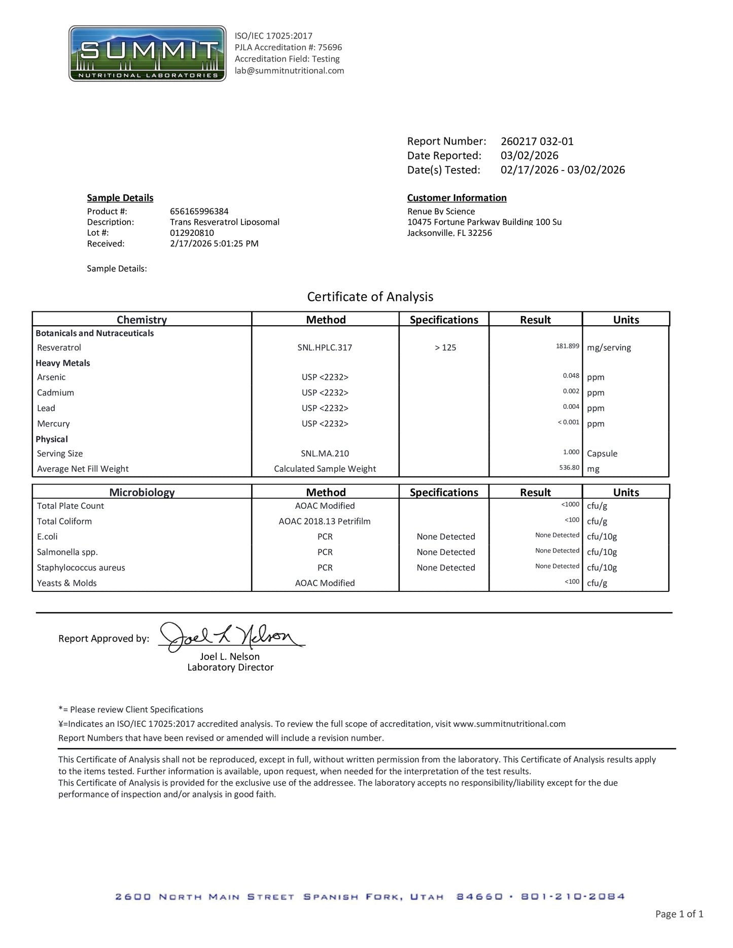 Summit certificate of analysis for a sample of Trans-Hydrogen Lumber.